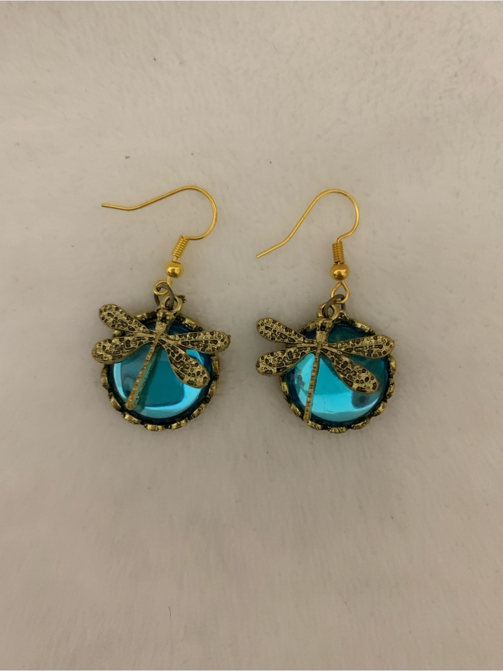 Gold Dragonfly Drop Earrings with Blue Glass Accent